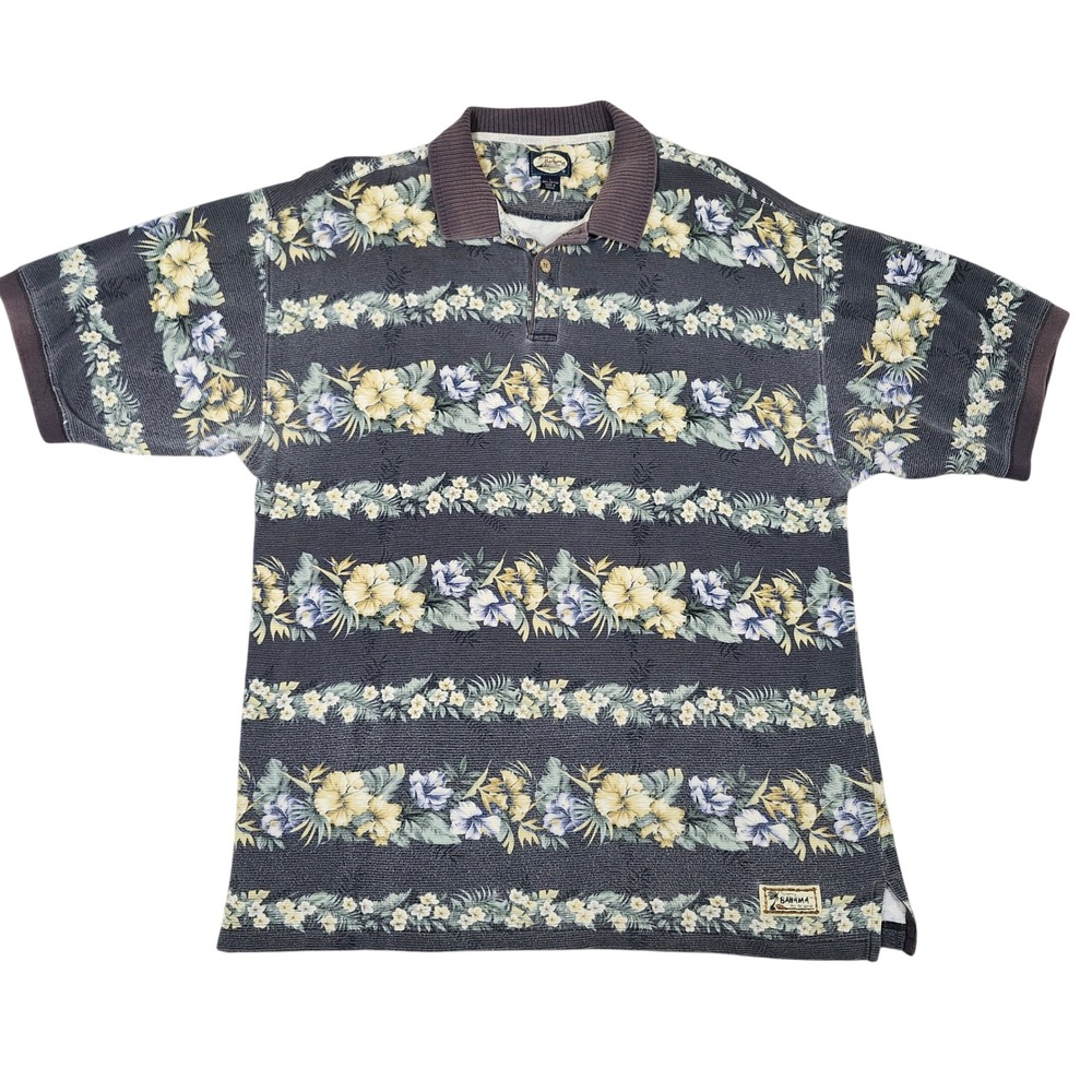 Tommy Bahama Floral Stripe Polo Shirt Men's Large Y2K Tropical Cotton
